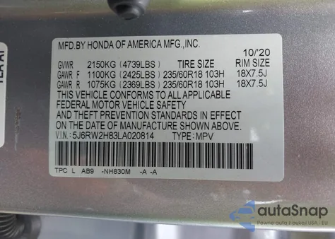 2020 Honda Cr-V Awd Ex-L z USA, uszkodzony, nr VIN 5J6RW2H83LA020814